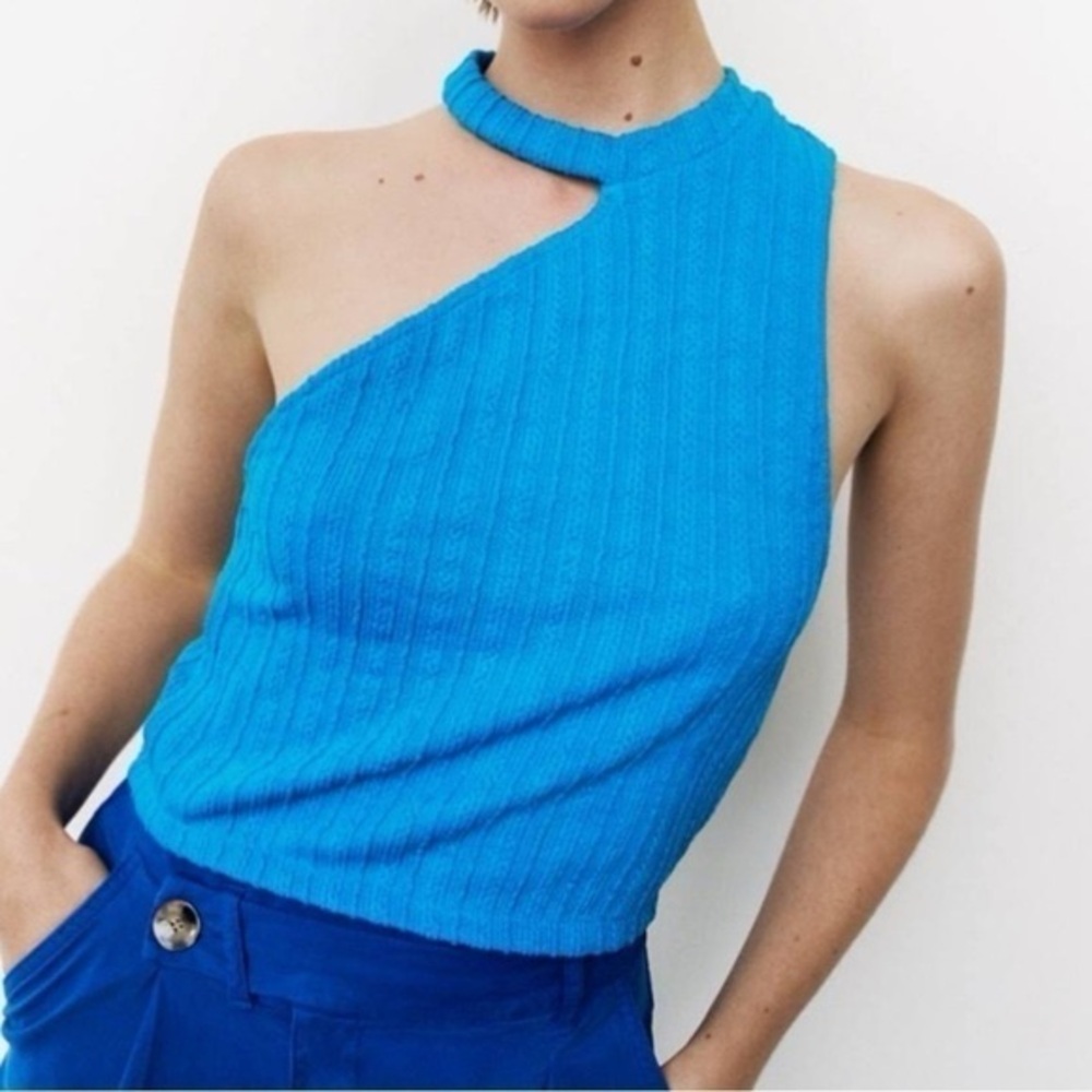 Zara Ribbed Asymmetrical Cut Out Top Electric Blue